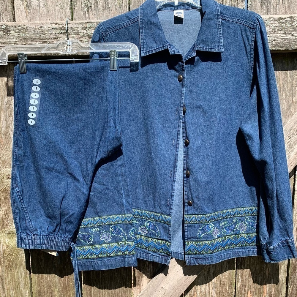 Denim embroidered casual resort wear set long sleeved jacket top pants